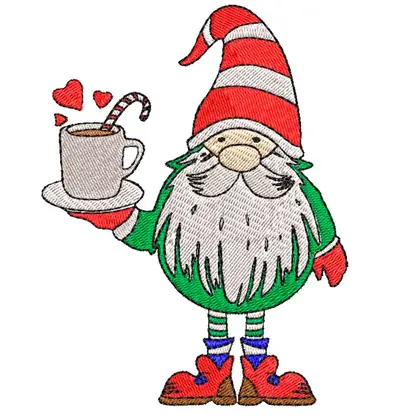 Machine Embroidery Gnome With a Cup of Coffee