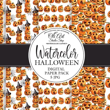 Digital paper pack Watercolor Pumpkin. Happy HALLOWEEN. Fall