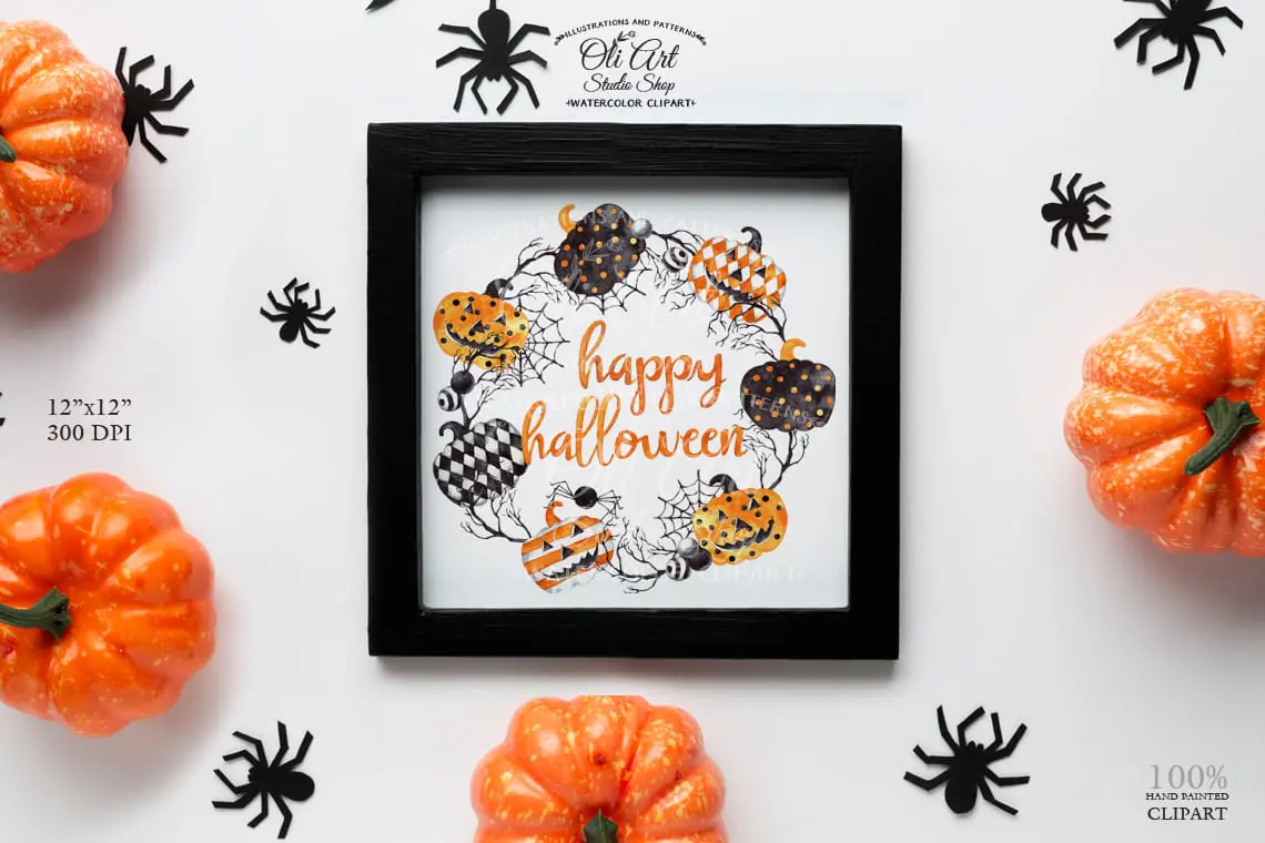 Happy Halloween Wreath, Pumpkin, Witch Hat. Hand painted clipart. 2 Happy Halloween Wreath, Pumpkin, Witch Hat. Hand painted clipart. - Image 2