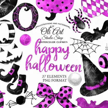Happy HALLOWEEN clipart. Watercolor Fall, Hand painted clipart