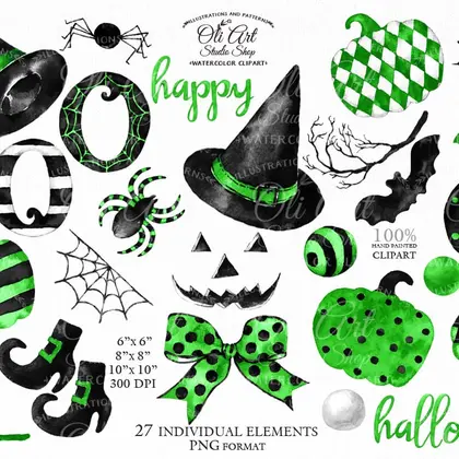 Happy HALLOWEEN clipart. Watercolor Fall, Hand painted green