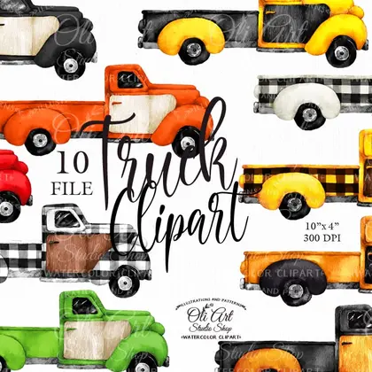 Watercolor Trucks clipart, Vintage Truck, Retro Trucks