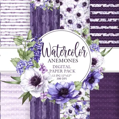 Seamless Patterns. Anemone Flowers. Digital paper pack.