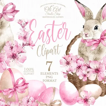 Watercolor easter cute bunny clipart, PNG, pink easter eggs