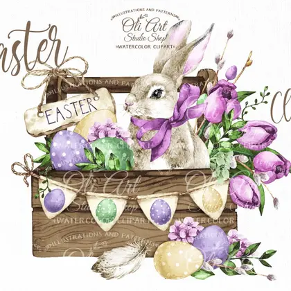 Watercolor Easter wreath, Cute bunny clipart, easter eggs, clipart