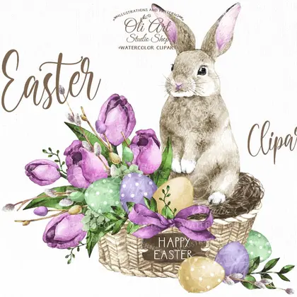 Watercolor Easter clipart, Cute wreath, bunny, easter eggs png