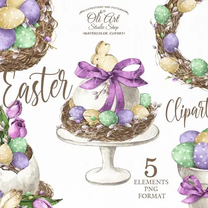 Watercolor Easter clipart, Cute wreath, bunny, easter eggs
