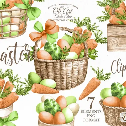 Watercolor Easter clipart basket, Cute Eggs, Hand Drawn graphics