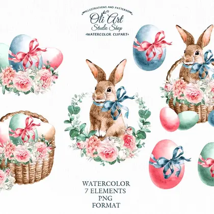 Watercolor Easter clipart PNG, Cute bunny clipart, easter eggs