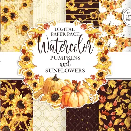 Digital paper pack. Watercolor sunflower and Pumpkin clipart