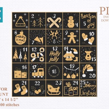 Advent calendar black and goldcross stitch pattern