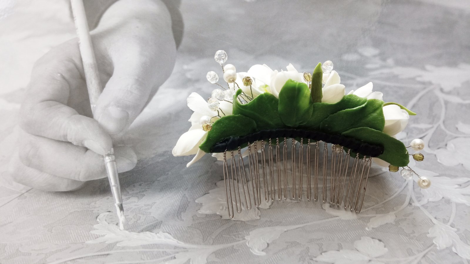 Wedding Comb Floral Bridal Jewelry Ivory Clay Snowdrop Flowers 4 Wedding Comb Floral Bridal Jewelry Ivory Clay Snowdrop Flowers - Image 4