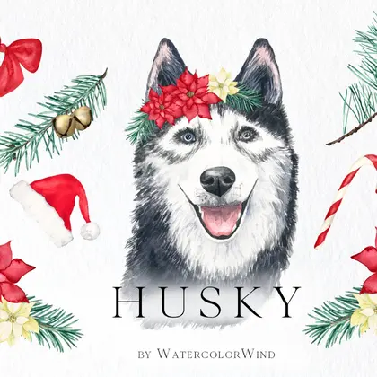 watercolor Christmas husky dog clipart