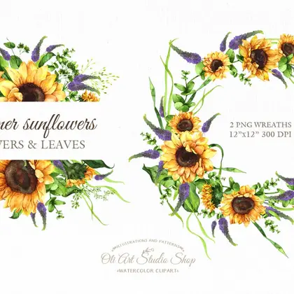Watercolor sunflowers with leaves. Floral wreaths. Summer flowers