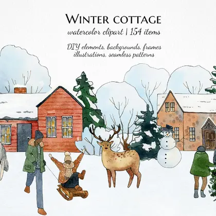 watercolor winter village clipart, people in winter forest illustrations
