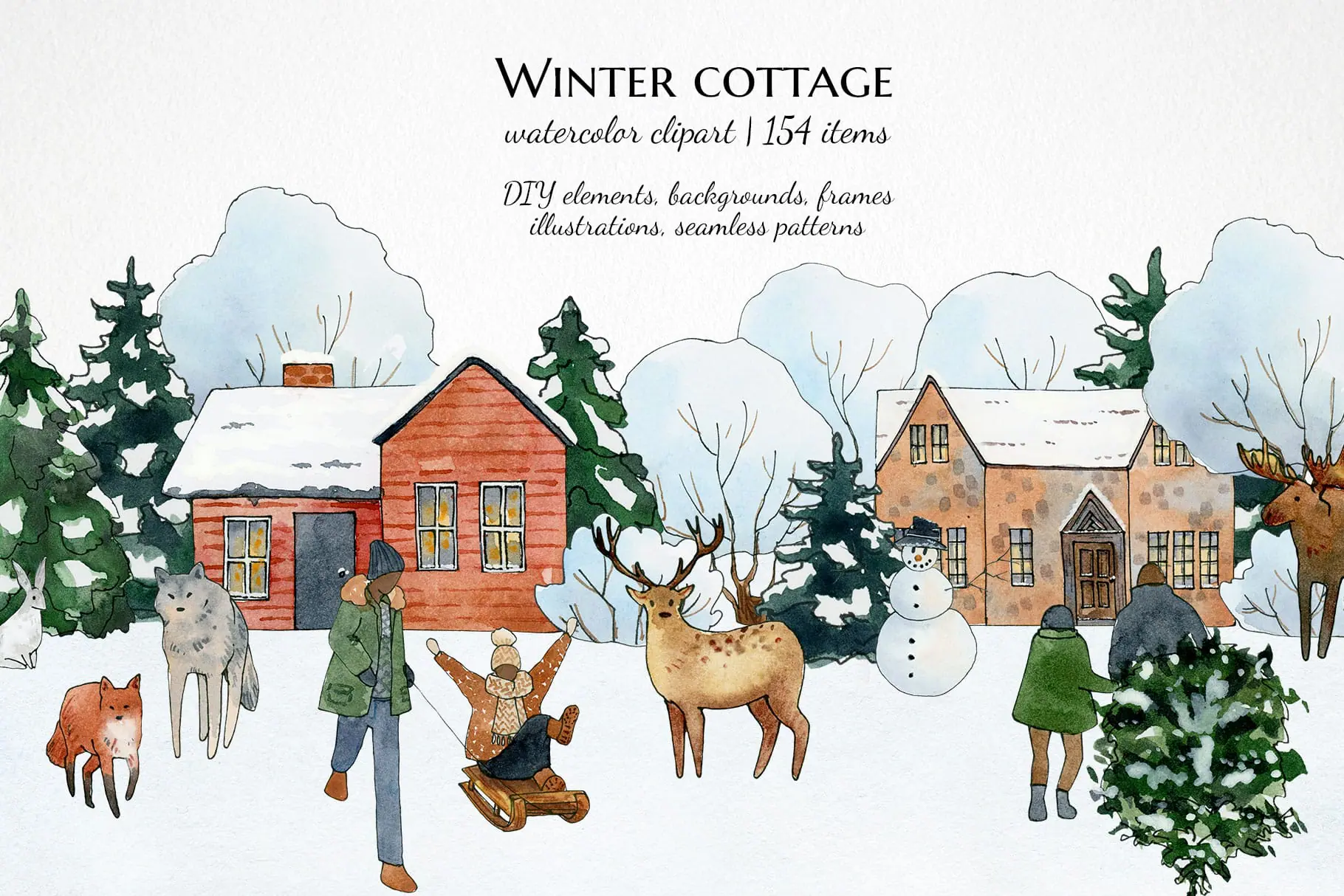 watercolor winter village clipart, people in winter forest illustrations 1 watercolor winter village clipart, people in winter forest illustrations