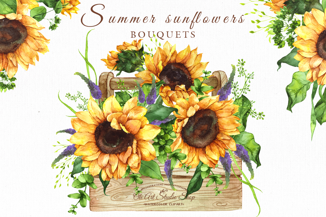 Sunflower Watercolor Clipart, Sunflower bouquet Clipart 2 Sunflower Watercolor Clipart, Sunflower bouquet Clipart - Image 2