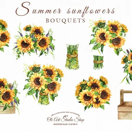 Sunflower Watercolor Clipart, Sunflower bouquet Clipart