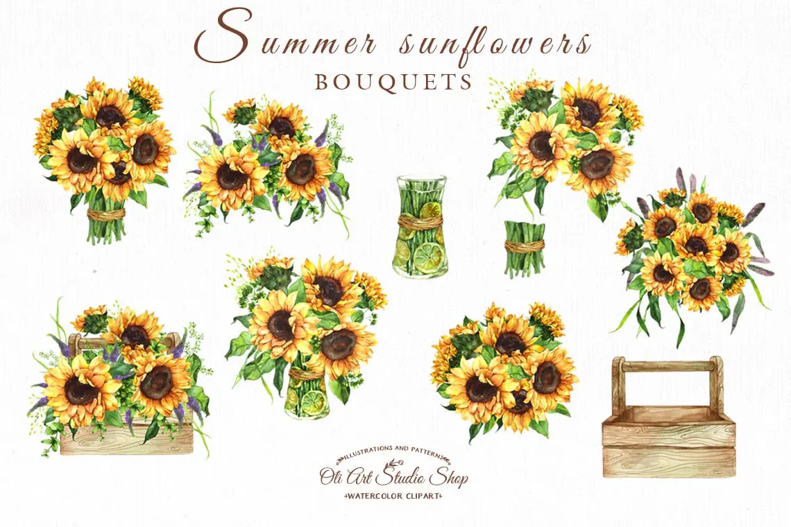 Sunflower Watercolor Clipart, Sunflower bouquet Clipart 1 Sunflower Watercolor Clipart, Sunflower bouquet Clipart