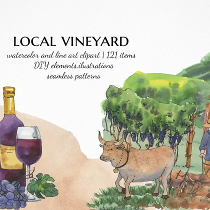 farm landscape clipart, Watercolor vineyard illustration