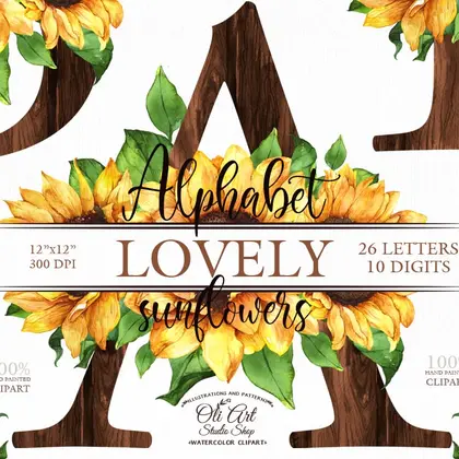Alphabet Clip Art Sunflowers Flowers. Letters and numbers Clip Art
