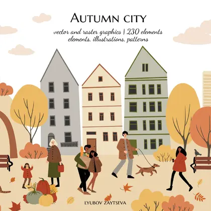 Autumn city creator clipart, People walking in fall park vector illustrations