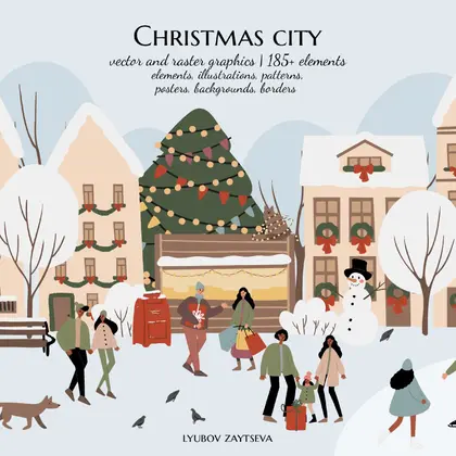 Christmas city clipart, People on winter market illustration