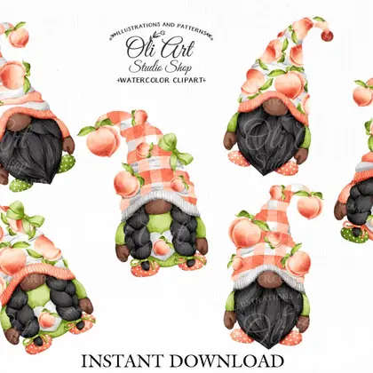 Gnomes & peaches clipart, Cute characters, Hand Drawn graphics