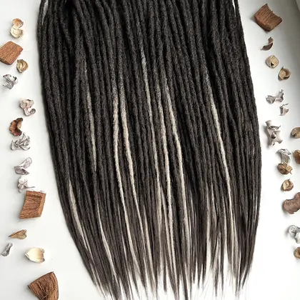 Very dark brown dreads with gray accents. Fake dreadlocks