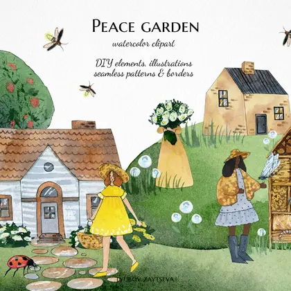 watercolor garden clipart, black girl with insects illustrations