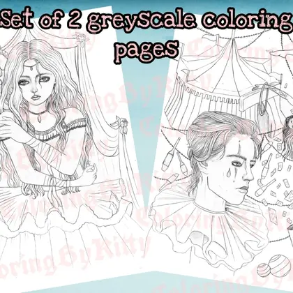 Set of 2 greyscale coloring pages: "My Baby" and "Circus Love"