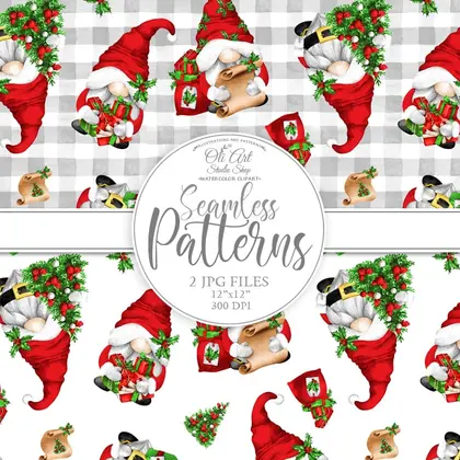 Seamless patterns Christmas Santa gnomes clipart, cute characters