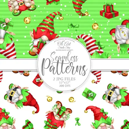 Seamless patterns Christmas elf gnomes clipart, cute characters