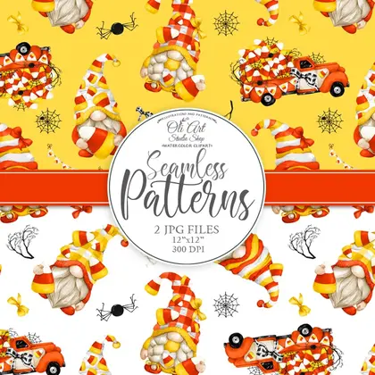 Seamless patterns Halloween gnome Candy corn gnome. Happy holidays