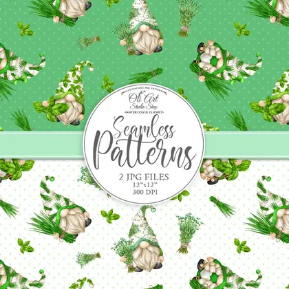 Gnomes & herbs Chives basil thyme Cute character seamless patterns