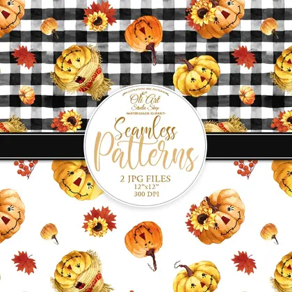 Seamless patterns. Scarecrow pumpkin, Scarecrow face. Fall