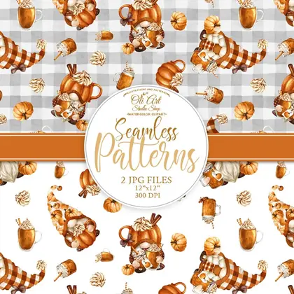 Seamless patterns. Gnomes & pumpkin drinks. Fall, autumn