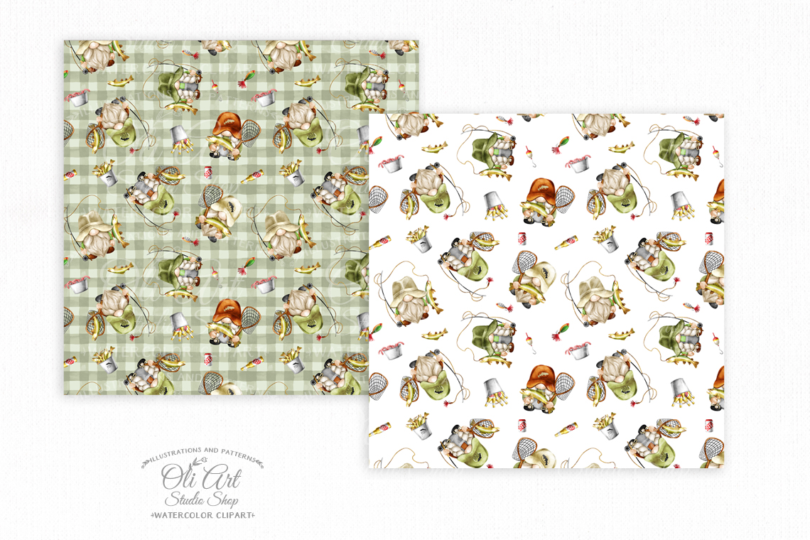Fishing Gnome. Digital paper, cute characters seamless patterns. 2 Fishing Gnome. Digital paper, cute characters seamless patterns. - Image 2