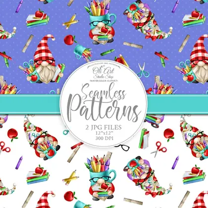 Gnome teacher. Digital paper, cute characters seamless patterns.