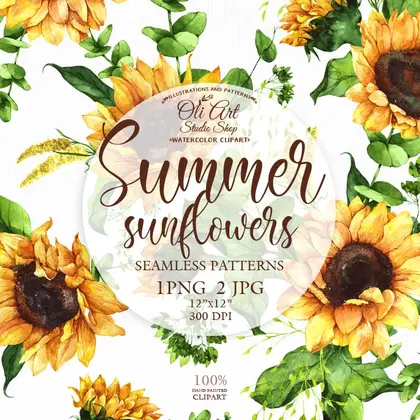 Watercolor flowers Digital paper. Watercolor summer sunflowers