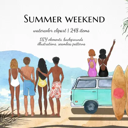 Watercolor beach trip clipart, surfing people illustration
