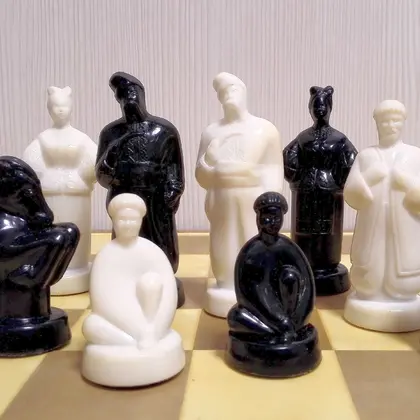 Antique Soviet Chess set with chessboard. Vintage Russian Chess