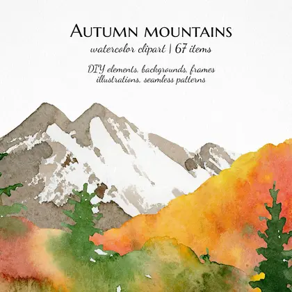 watercolor autumn mountain clipart, fall landscape illustration
