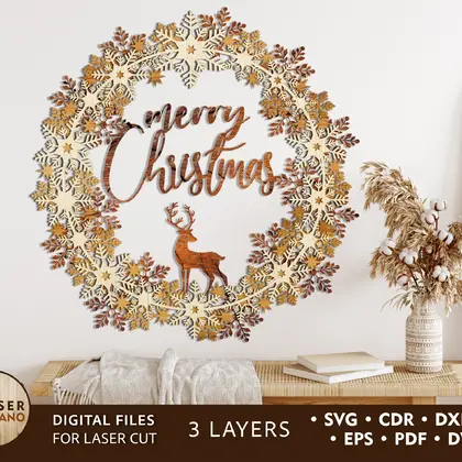 WREATH MERRY CHRISTMAS Multilayer Laser Cut Files