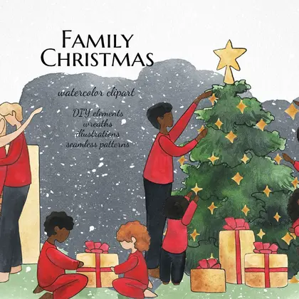 Family Christmas clipart, Watercolor illustrations