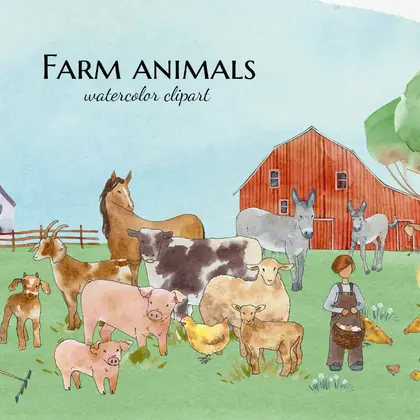 Farm animals clipart, Watercolor kids illustrations
