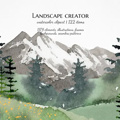 Landscape creator clipart, watercolor mountain forest illustrations