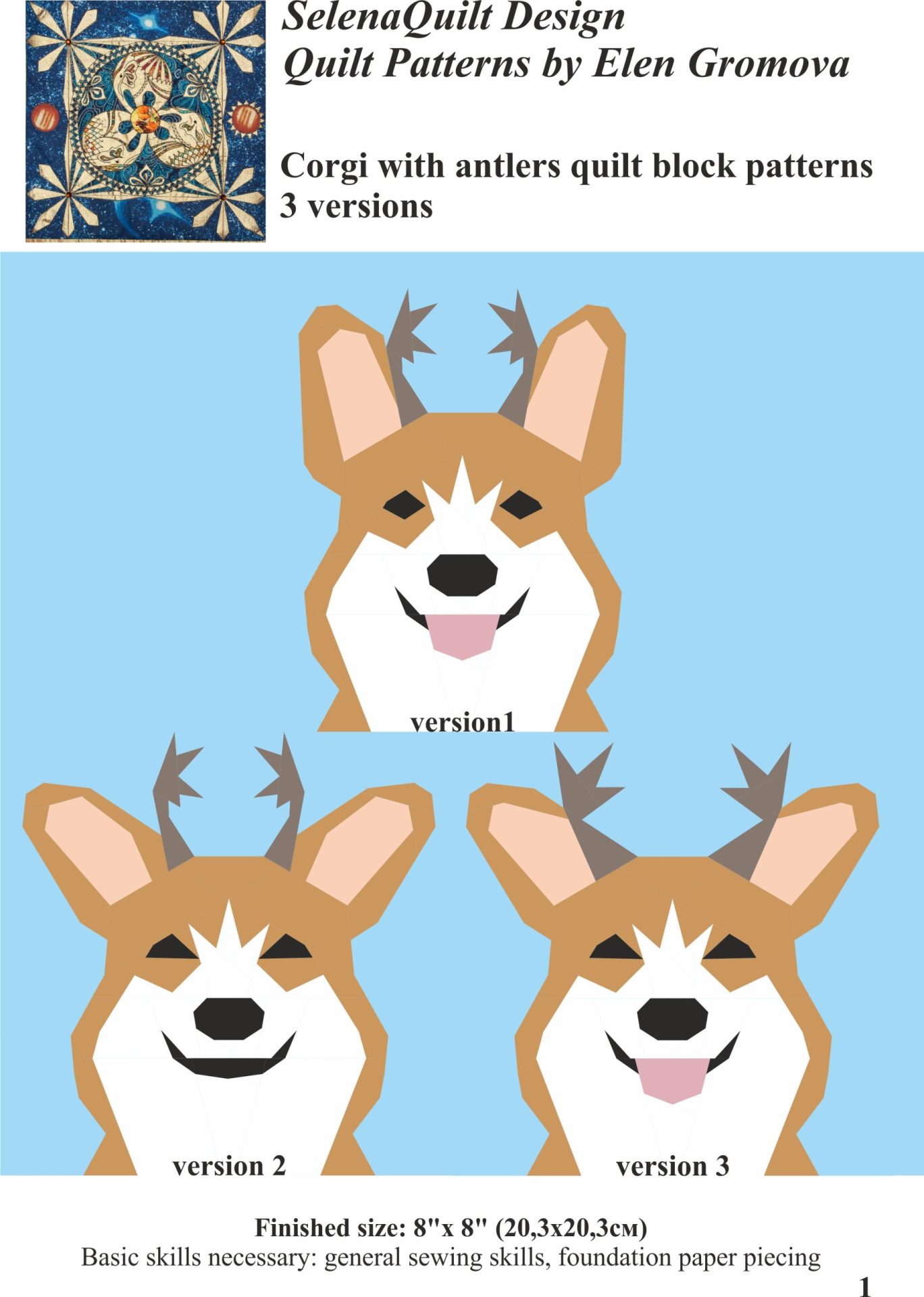 Corgi with antlers quilt block Pattern 3 versions 2 Corgi with antlers quilt