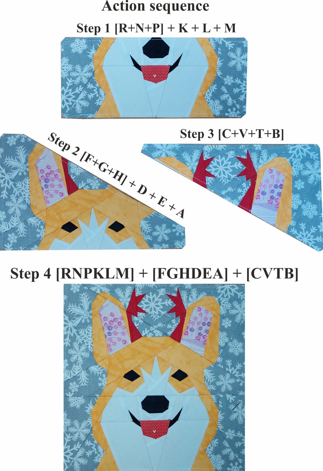 Corgi with antlers quilt block Pattern 3 versions 5 Corgi with antlers quilt