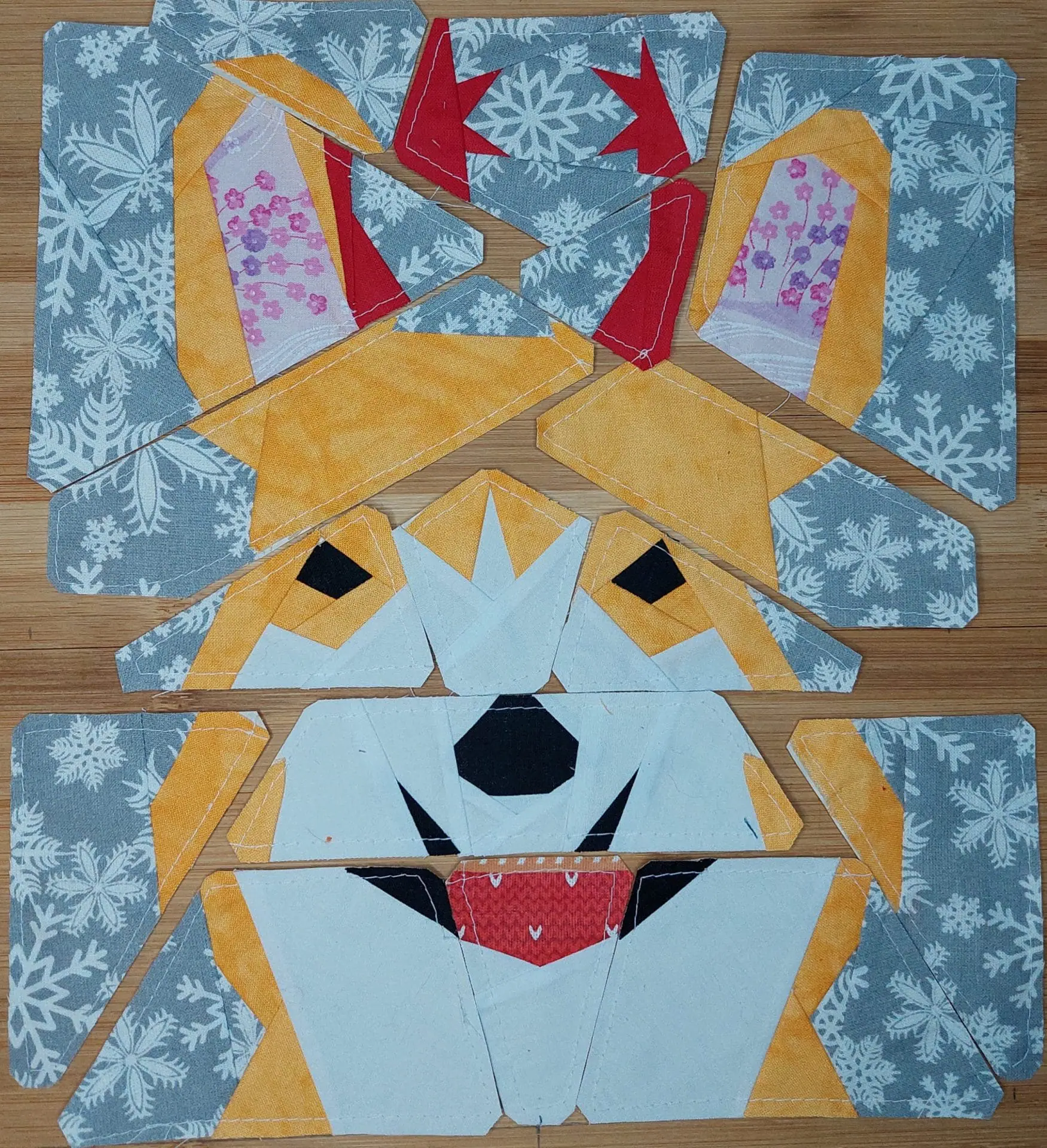 Corgi with antlers quilt block Pattern 3 versions 4 Corgi with antlers quilt